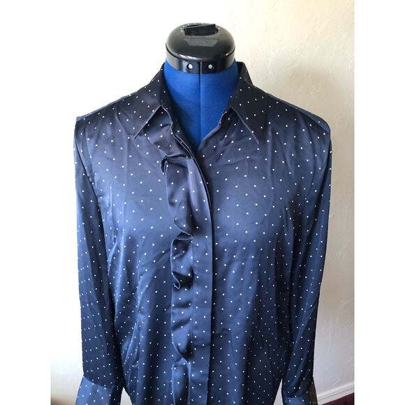 NWOT Equipment Long Sleeve Ruffle Silk Polka Dot Shirt in Navy Size S - Picture 3 of 6
